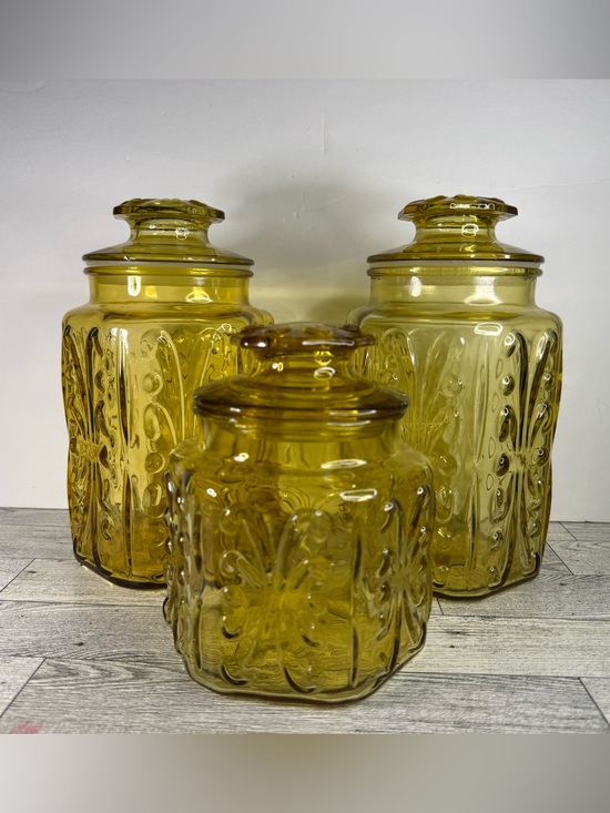 Le Smith Other - vintage LE Smith Amber Glass Atterbury Scroll canister set of 3